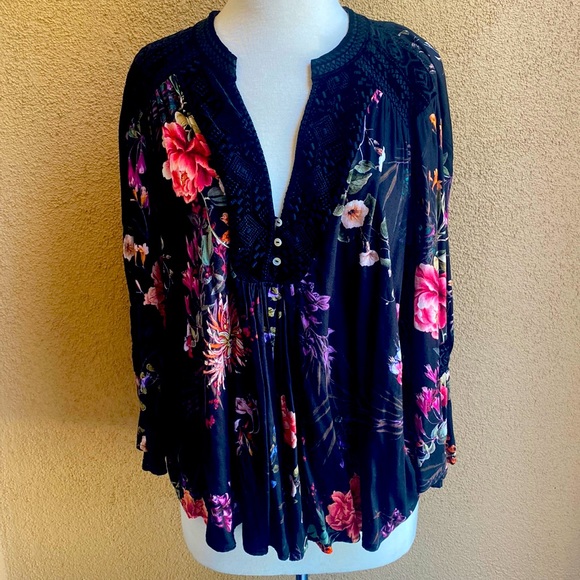 JOHNNY WAS SILK AND VELVET BLOUSE - Picture 1 of 9